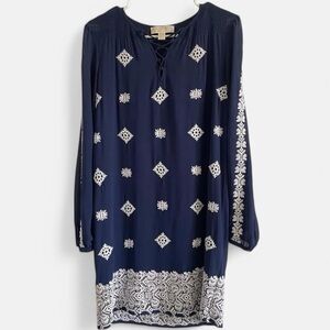 Navy Blue Embroidered Boho Dress Michael Kors Spring Fall Formal Womens